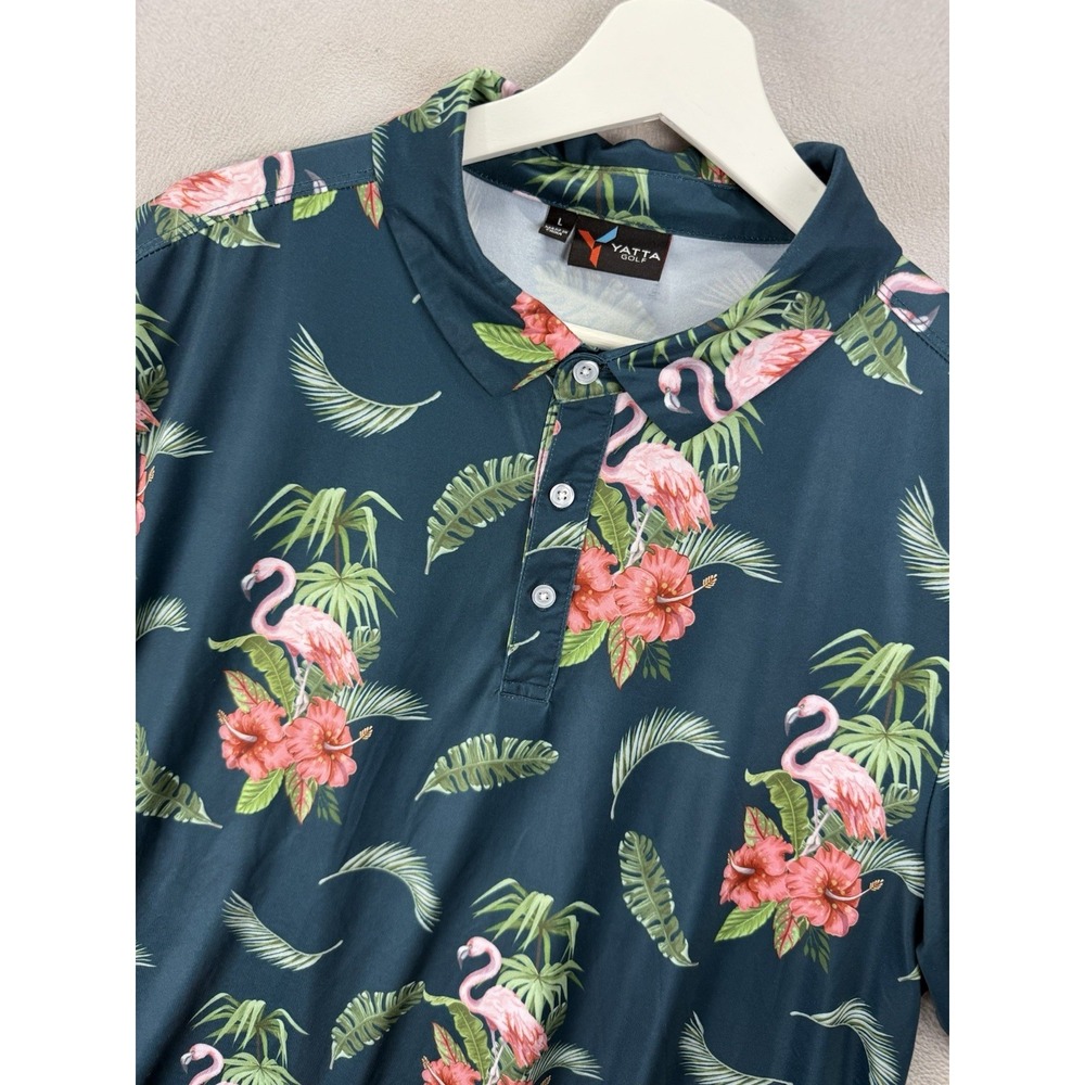 Yatta Golf Polo Shirt Men's Large Tropical Flamingo Hibiscus Performance L
